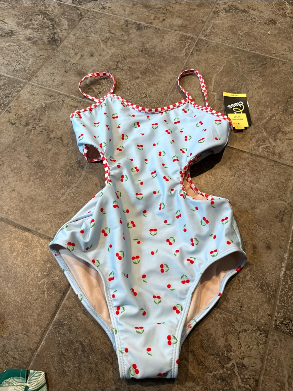 art class Light Blue Cherry Swimsuit with Red Gingham Trim